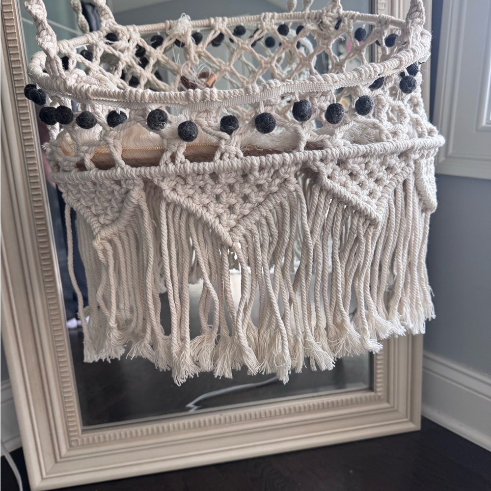 Boho Macramé Hanging Basket with Black Pom-Pom Trim - Picture 3 of 4